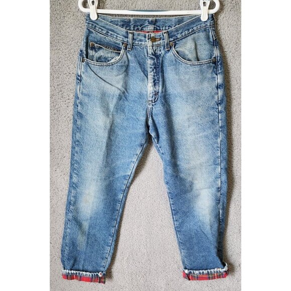 LL Bean Stone Wash Blue Denim Red Plaid Flannel Lined Jeans Size 30x29 Cotton - Picture 1 of 16